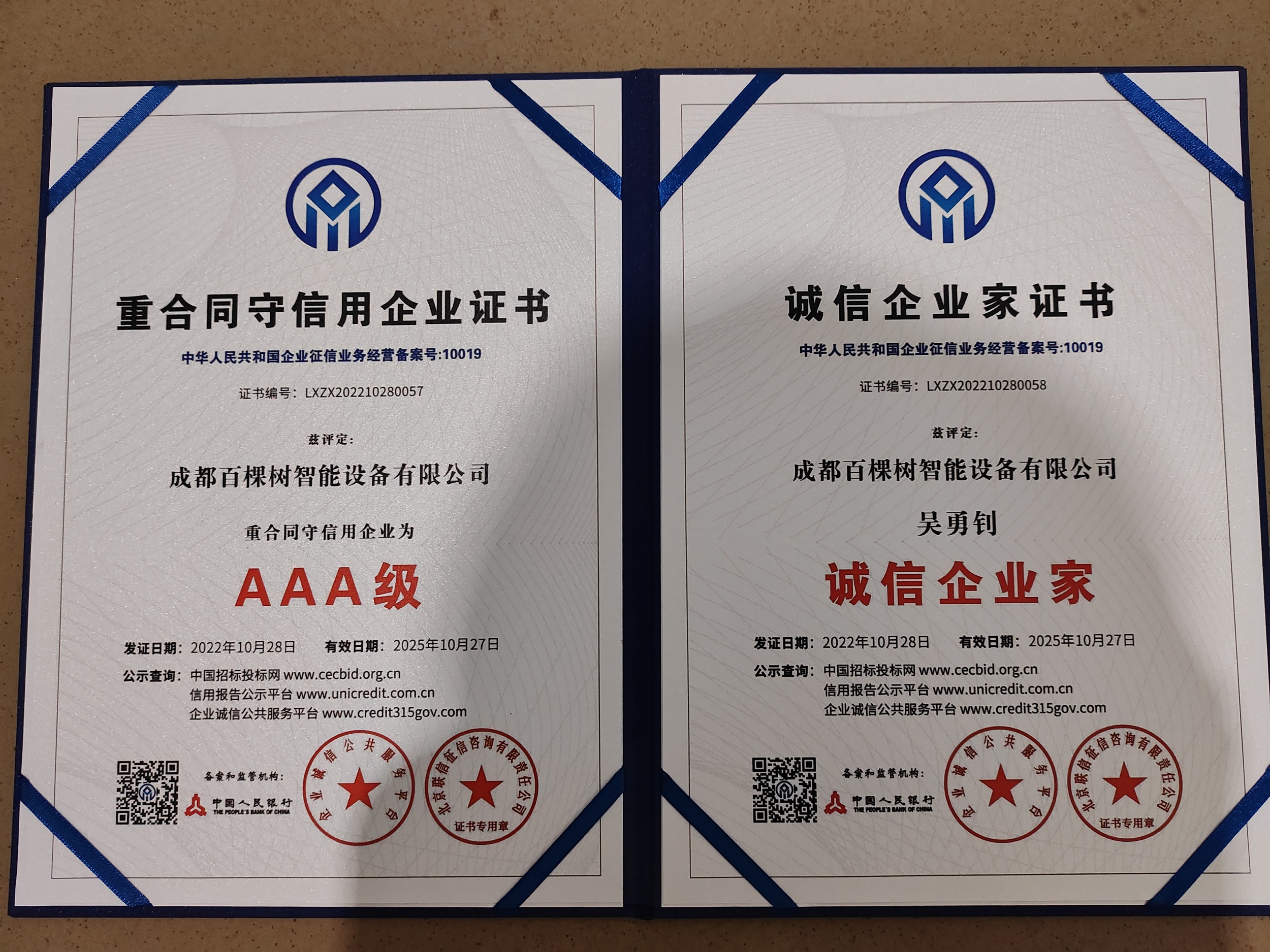 重合同守信用企业证书